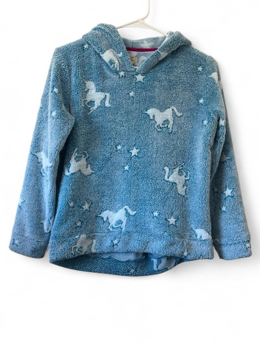 Girls Large Boston Traders Blue Barrier Reef Plush Fleece Sherpa Unicorn Hoodie